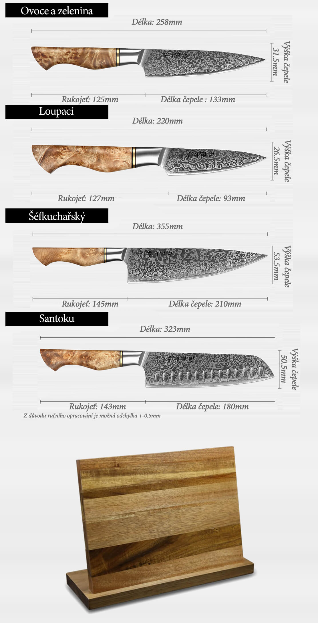 Rozměry nožů v sadě HezHezn Master B30 s magnetickým stojánkem